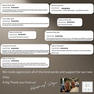 May include: Image featuring customer reviews with 5-star ratings. Text includes positive feedback on quality, service, and customization. The image also includes a photo of the shop owners and the shop's logo.
