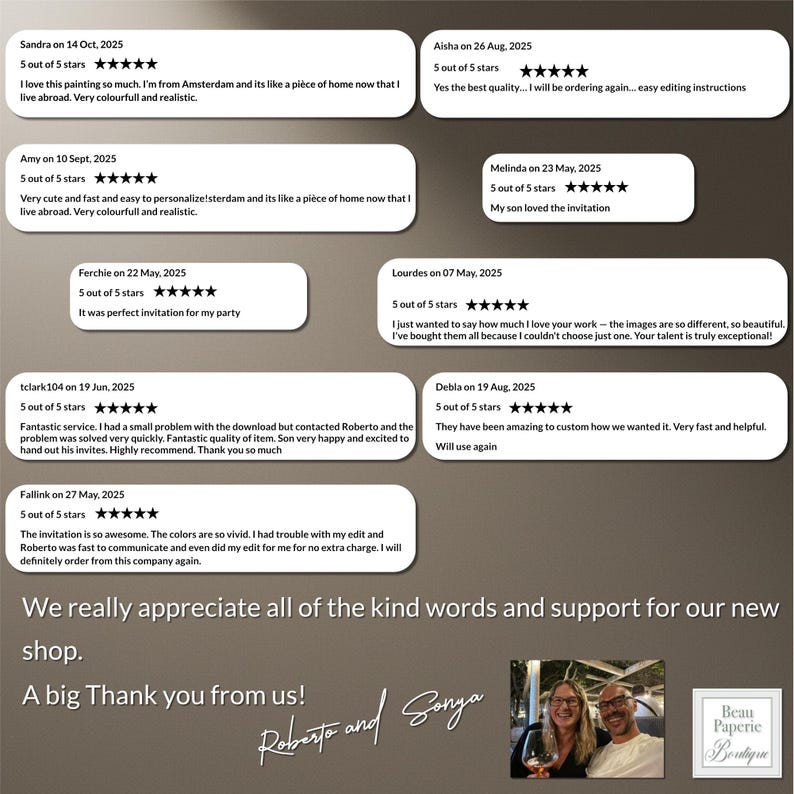 May include: Image featuring customer reviews with 5-star ratings. Text includes positive feedback on quality, service, and customization. The image also includes a photo of the shop owners and the shop's logo.