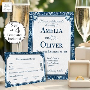 Wedding Invitation Template Set Editable Elegant French Toile Wedding Invite Template Suite Floral Toile Wedding Details Card Custom RSVP QR
