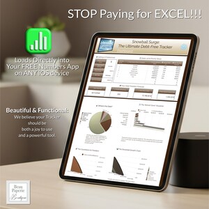 May include: A tablet displaying a debt-free tracker dashboard. The screen shows charts, graphs, and financial data. Text on the screen reads "Snowball Surge: The Ultimate Debt-Free Tracker." The tablet is on a light-colored surface.