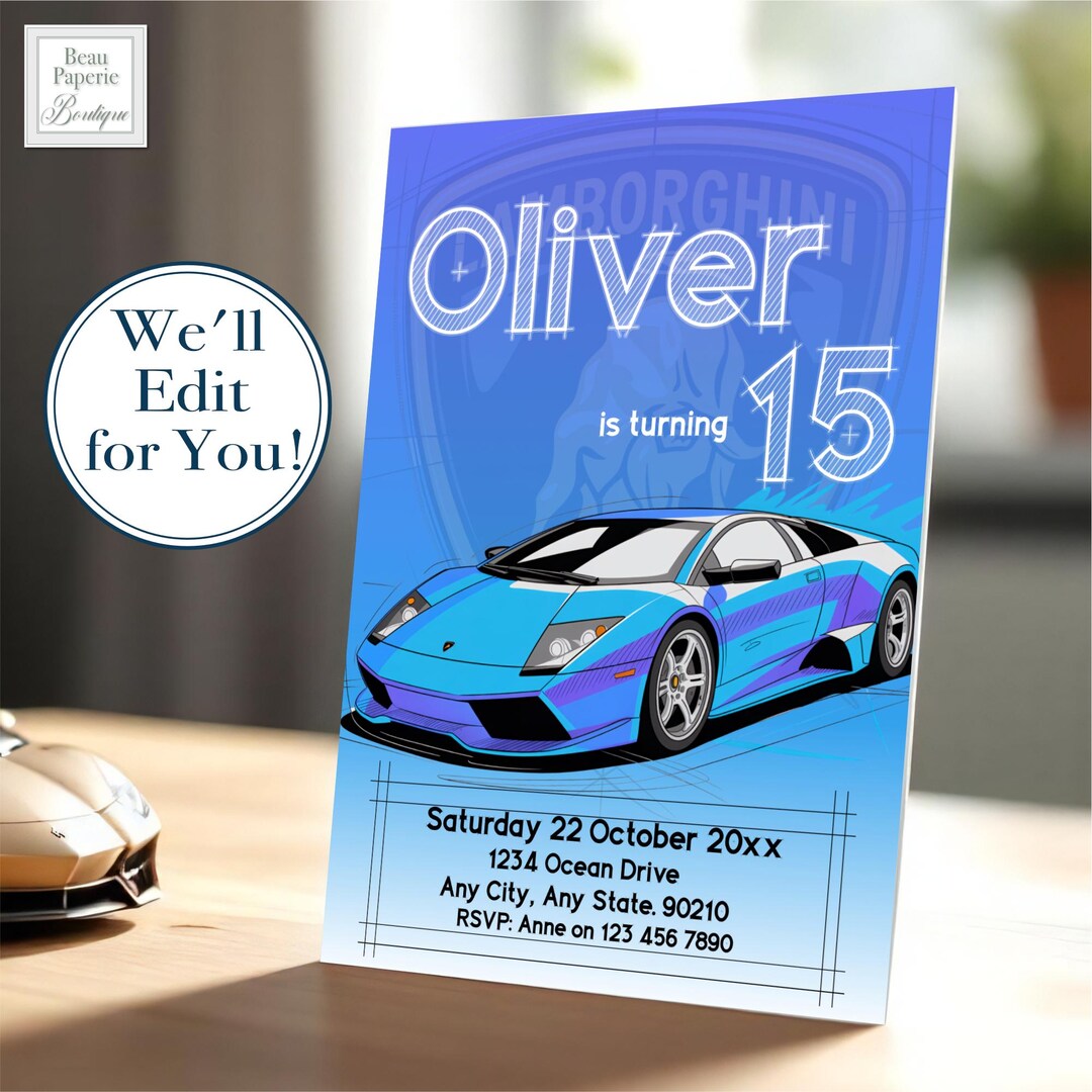 Editable Lamborghini Murcielago Teen Birthday Invitation Supercar ...