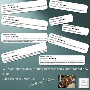 May include: Image featuring customer reviews on white rectangular labels with rounded corners. Each review includes a 5-star rating and text. The bottom of the image includes the shop's name, a thank you message, and a photo of the shop owners.