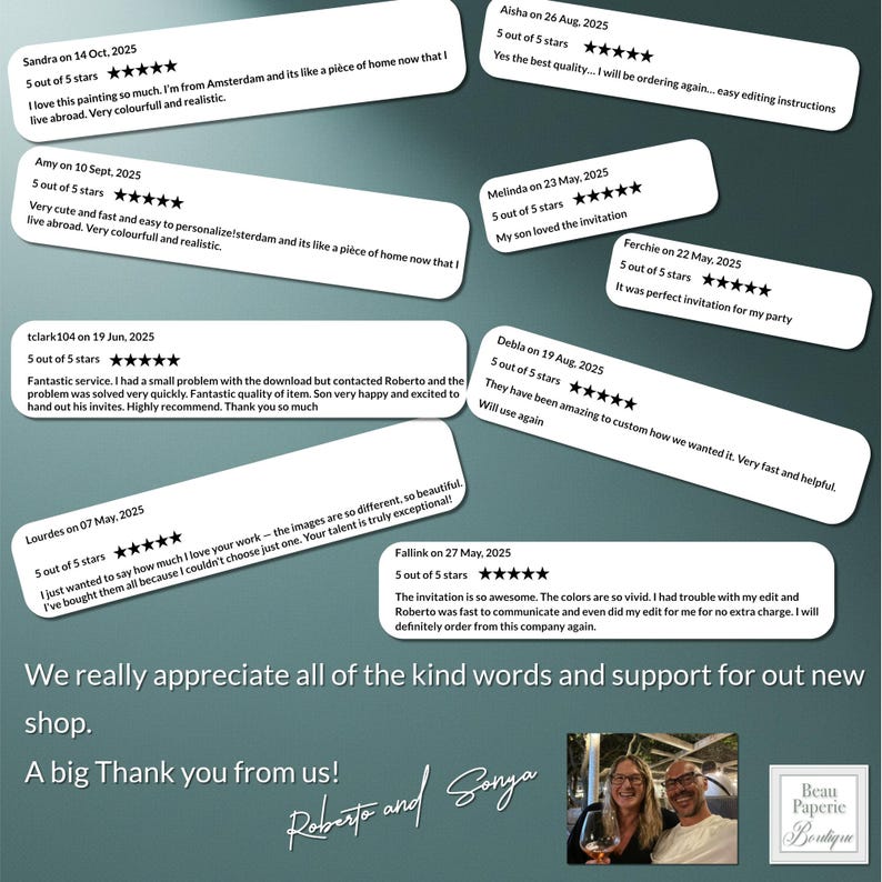 May include: Image featuring customer reviews on white rectangular labels with rounded corners. Each review includes a 5-star rating and text. The bottom of the image includes the shop's name, a thank you message, and a photo of the shop owners.
