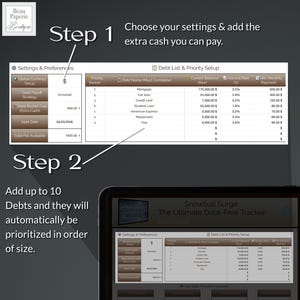 May include: A digital debt tracker interface with a white background. The screen displays a debt list with categories like mortgage, car loan, and credit card. Instructions say to choose settings and add extra cash. The app is called "Snowball Surge".