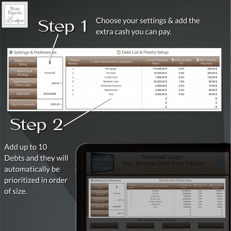 May include: A digital debt tracker interface with a white background. The screen displays a debt list with categories like mortgage, car loan, and credit card. Instructions say to choose settings and add extra cash. The app is called "Snowball Surge".