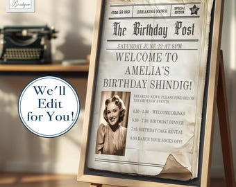 Welcome Sign Vintage Newspaper Birthday Welcoming Sign Birthday Welcome Photo Signage Trendy Newspaper Print Poster Birthday Newspaper Post