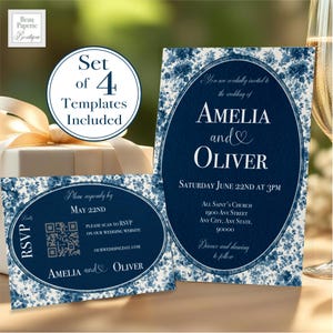 Wedding Invitation Suite Editable French Toile Elegant Blue French Toile Wedding Invite Set Blue Floral Toile Wedding RSVP Card Details Card