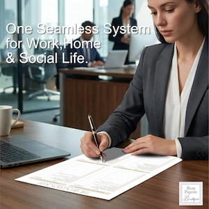 May include: A woman in a gray blazer writes on a beige planner at a wooden desk. The planner has a detailed layout with the text "THE DELEGATION MENU". The image includes the text "One Seamless System for Work, Home & Social Life."