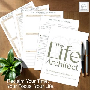 May include: A collection of white paper planner pages with text, including "The Life Architect" and "Reclaim Your Time, Your Focus, Your Life." Two pens and a small potted plant are also present on a wooden surface.