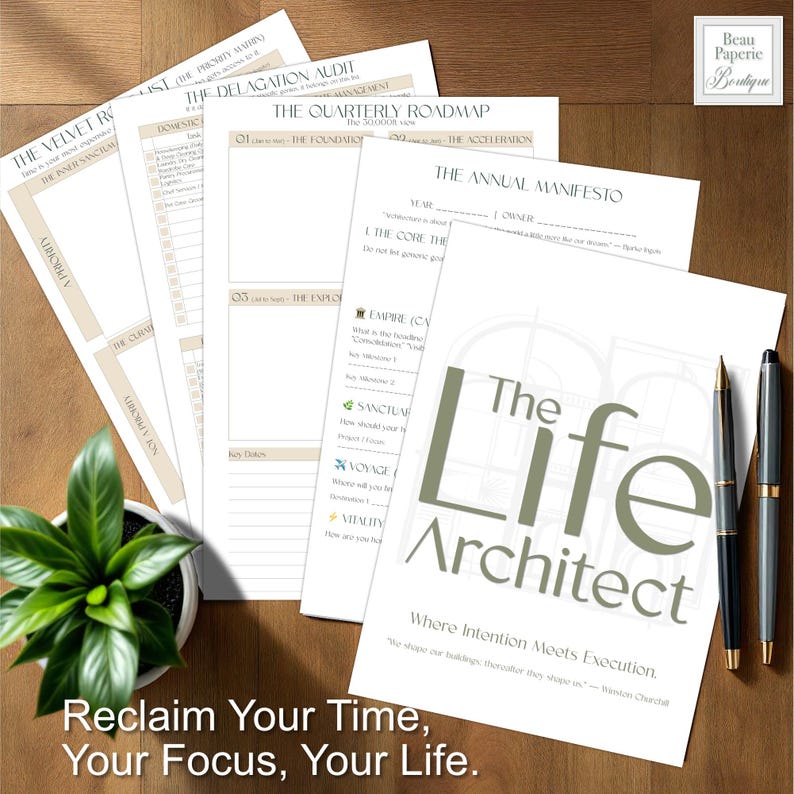 May include: A collection of white paper planner pages with text, including "The Life Architect" and "Reclaim Your Time, Your Focus, Your Life." Two pens and a small potted plant are also present on a wooden surface.