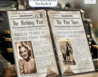 Birthday Invitation Vintage Newspaper Invite Template Birthday Newspaper Downloadable Invite with Photo Newspaper Invites Birthday Evitation