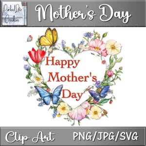 Aquarelle fleurs & coeurs de papillons, clipart joyeuse fête des mères, coeur floral, clipart floral, aquarelles de papillons, PNG JPG imprimable