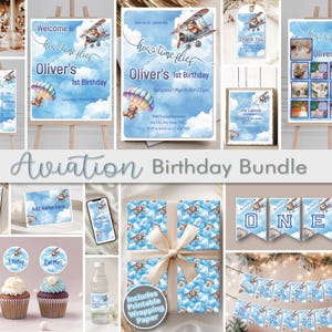 Airplane Birthday Party Bundle Editable Birthday Party Supplies for Kids Party Decor Downloadable Aviation Theme Banner Cupcake Toppers HTF1