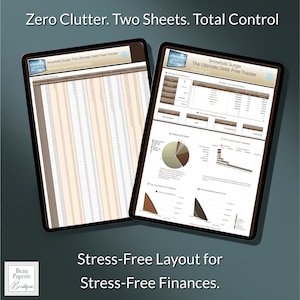 May include: Two digital tablets displaying financial tracking spreadsheets. The text "Zero Clutter. Two Sheets. Total Control" is at the top. The text "Snowball Surge The Ultimate Debt-Free Tracker" is visible. The bottom text reads "Stress-Free Layout for Stress-Free Finances."