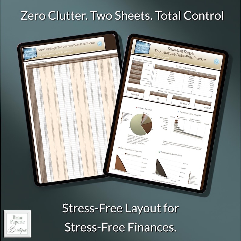 May include: Two digital tablets displaying financial tracking spreadsheets. The text "Zero Clutter. Two Sheets. Total Control" is at the top. The text "Snowball Surge The Ultimate Debt-Free Tracker" is visible. The bottom text reads "Stress-Free Layout for Stress-Free Finances."