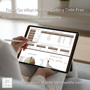 May include: A tablet displaying a debt management application with financial data and charts. The screen shows a user interface with various sections for tracking finances. The text on the screen reads "Focus On What Matters: Getting Debt-Free."