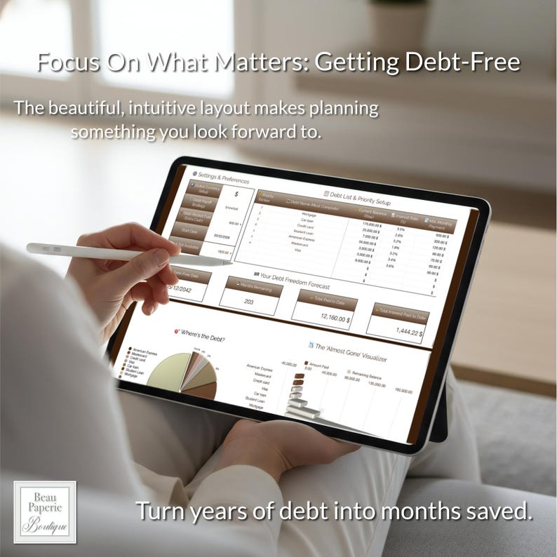 May include: A tablet displaying a debt management application with financial data and charts. The screen shows a user interface with various sections for tracking finances. The text on the screen reads "Focus On What Matters: Getting Debt-Free."