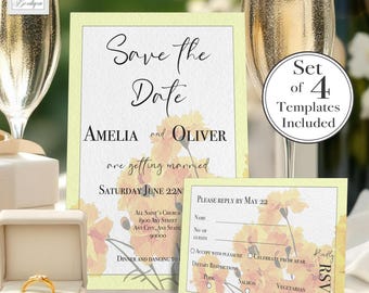 Invites Set Wedding Boho Floral Editable Suite Colorful Flower Wedding Invitation Template Marigold Prinatble RSVP QR card wedding Evite