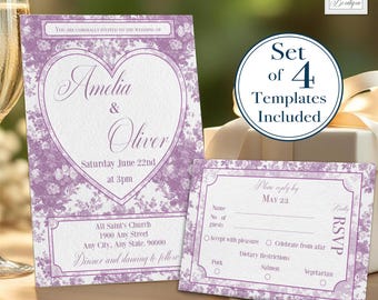 Wedding Invite Set French Toile Editable Pink Wedding Invitation Suite Floral Toile RSVP Card Pink French Toile Details Card Wedding Suite