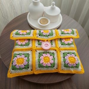 Crochet Book Sleeve: Granny Square Bag Pouch, Handmade Book Cover