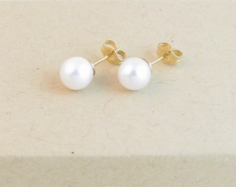 6mm Real Pearl Stud Earrings w/ Gold Posts, White Round Freshwater Pearl Studs on Nickel Free Posts, Simple Classic Pearl Studs