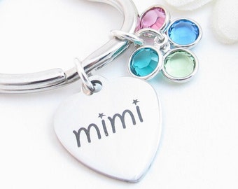 Gift for Mimi w/ Grandchildren's Birthstones, Nana Nonna Gigi Grandma Gramma Mom Mama Bear Keychain w/ Family