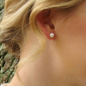 6.5mm Real Pearl Stud Earrings on Nickel-Free Sterling Silver Posts, White Classic Simple Round Freshwater Pearl Studs