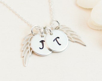 Sterling Angel Wing Necklace w/ 2 Initials & 2 Wings, Sympathy Memorial Gift for Loss of 2 Two People Children Parents