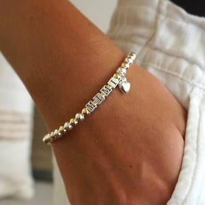 Gold & Sterling Silver Two-Tone Beaded Name Bracelet, Gift for Mom w/ Kid&#39;s Name, Personalized Jewelry, Nana Mimi Gigi Grandma Nonna ID