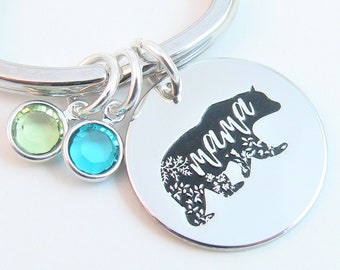 Mama Bear Keychain w/ Children's Birthstone Charms, Gift for Mom Mama Bird, Custom Key Ring w/ Kid's Family Love You More