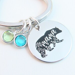 Mama Bear Keychain w/ Children&#39;s Birthstone Charms, Gift for Mom Mama Bird, Custom Key Ring w/ Kid&#39;s Family Love You More