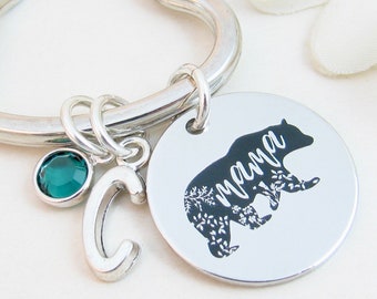 Mama Bear Keychain w/ Children's Birthstones & Initial Charms, Mother's Day Gift for Mom, Personalized Keyring w/ Letters, Love You More