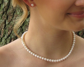 6mm Real Pearl Necklace w/ Pearl Stud Earrings on Sterling Silver Posts, Bridesmaid Bride Wedding White Freshwater Jewelry Matching Set