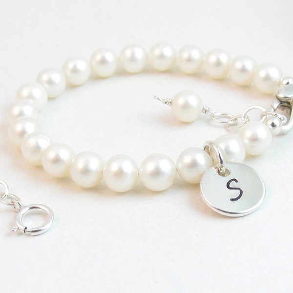 Grow with Me Real Pearl Bracelet w/ Sterling Silver Initial Charm, Personalized Girl Baptism Christening Jewelry Gift, Custom Baby Bracelet