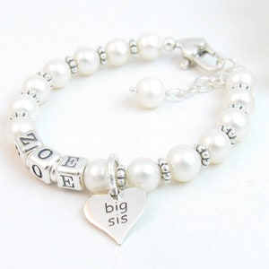 Real Pearl Big Sister Charm Bracelet, Sterling Silver Personalized Big Sis Jewelry, Gift from New Baby, Pregnancy Announcement, Beaded Name