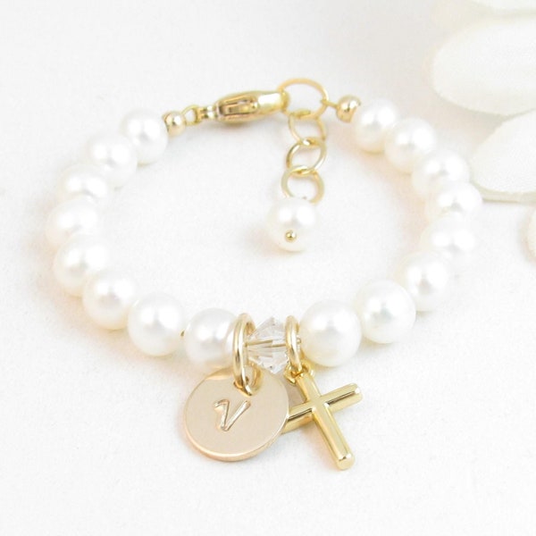 Real Pearl Bracelet w/ Gold Initial & Cross Charm for Baby Little Girl Teen Personalized Baptism Christening 1st Communion Confirmation Gift