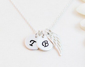 Sterling Angel Wing Necklace w/ 2 Initials, Sympathy Bereavement Memorial Gift, Jewelry Loss of Two Children Parents Sons Brother Sister