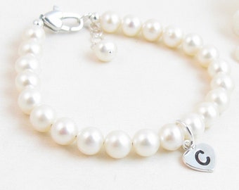 Real Pearl Bracelet Sterling Silver Initial for Child Baby Little Girl, Personalized Pearl Jewelry, Baptism Christening 1st Communion Gift