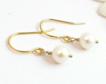 Real Pearl Dangle Earrings on Gold Filled Hooks, Small Simple Round Freshwater Pearl Drops Nickel Free, White Pearl Dangles Teen Adult