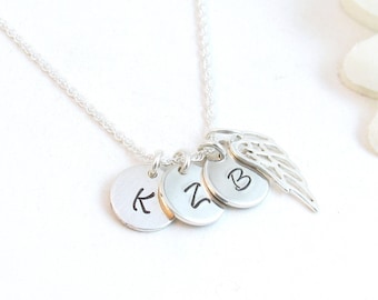 Sterling Silver Angel Wing Necklace w/ 3 Initials, Loss of Three Loved Ones, Sympathy Memorial Bereavement Gift, In Memory of Gift