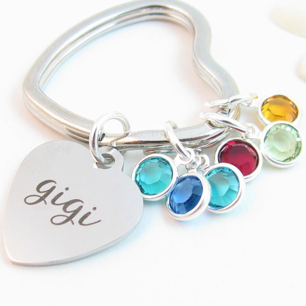 Keychain w/ Grandchildren's Birthstones, Mother's Day or Birthday Gift for Gigi Mimi Nana Nonna Grandma Gramma Mom Mama Bear, Keyring Family