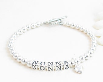 Sterling Silver Nonna Bracelet w/ Beaded Name ID, Simple Personalized Jewelry for Grandma Nana Mimi Gigi Mommom Gramma Yaya Mom Mommy Mama