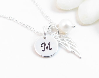 Sterling Silber Engel Flügel Halskette w / Perle, Beileid Trauer Geschenk, Trauer Schmuck Verlust von Ehemann Sohn Tochter Baby Kind