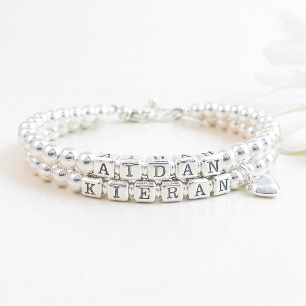 Sterling Silver Beaded Bracelet 2 Children's Names, Gift for Mom or Grandmother, Jewelry w/ Two Kids Children's Names, Adult Name Jewelry