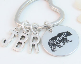 Mom Keychain w/ Childrens' Initials, Personalized Mother's Day Gift for Mom Mama Bear Bird, Key Ring Letters, Love You More, Mom's Birthday