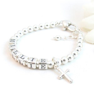 Pulsera de plata de ley con cuentas y nombre para bebé, niña o niño, regalo de joyería para bautizo, dije de corazón, cruz y mariposa.