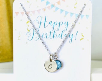 Sterling Silver Initial Necklace, Birthday Gift for Granddaughter Daughter Niece, Birthstone Necklace