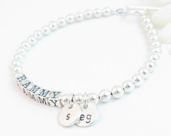 Sterling Silver Beaded Name Bracelet w/ Grandchildren or Children's Initials, Personalized Jewelry Gift for Grandma Nana Mimi Gigi Nonna Mom