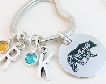 Mama Bear Keychain w/ Children's Birthstones & Initials, Personalized Family Key Ring w/ Letters, Gift for Mom, Love You More