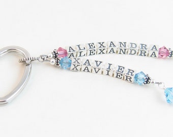 Personalized Keychain w/ Two Grandchildren or Children Names, Gift for Mom Gigi Nonna Nana Mimi Grandma, Custom Beaded Birthstone Key Ring